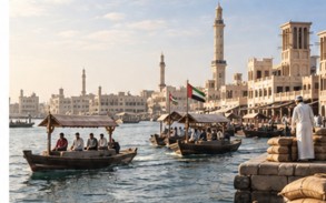 Historic-style Dubai Creek scene with abras, traditional trading activity and waterfront architecture