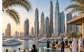 Dubai waterfront and skyline with hospitality and business activity, representing the city as an international destination.