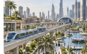 Future-focused Dubai urban scene with public transport, green spaces and people-centred development.