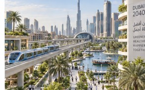 Conceptual view of Dubai 2040 with green urban spaces, public transport and pedestrian-friendly development.