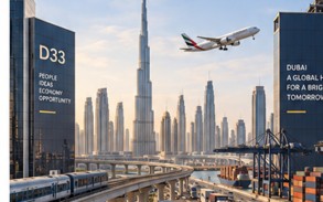 Dubai skyline, aviation, logistics, transport and trade imagery representing the Dubai Economic Agenda D33.
